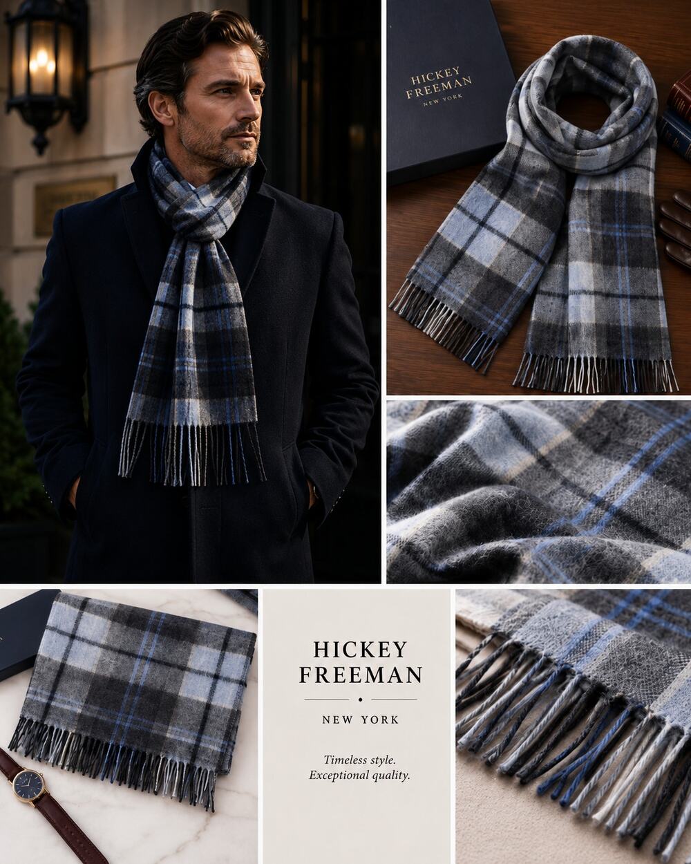 Hickey Freeman New York 100% Merino Wool Plaid Scarf Traditional Quiet Luxury